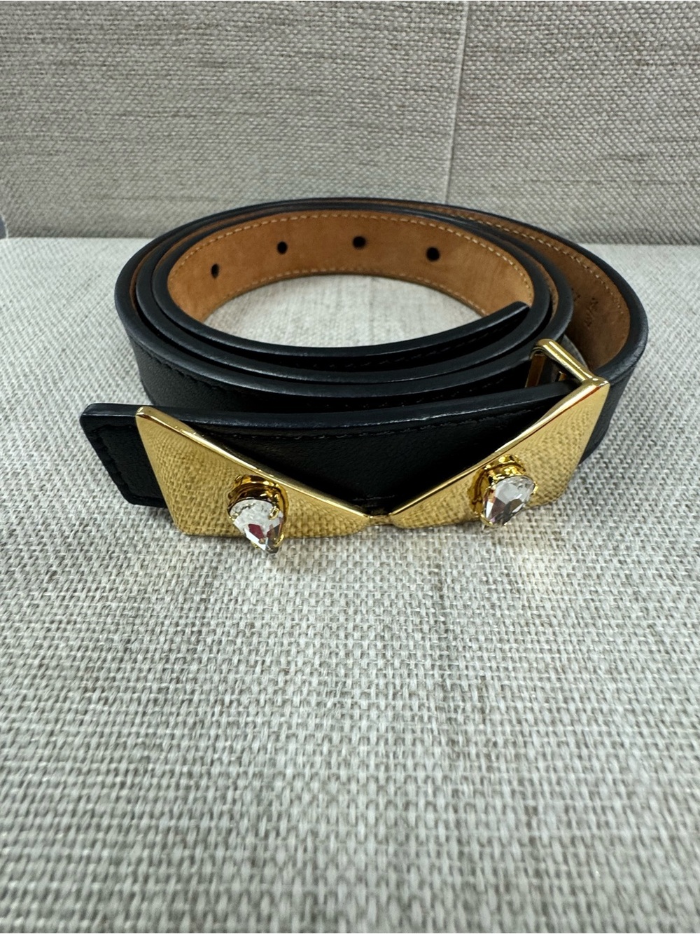 Fendi Black Monster Leather Belt with Gold Crystal Studs